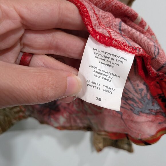 Unbranded Drawstring Cotton Blouse Made in Guatemala Red Tan Black Size 16 - Picture 3 of 5